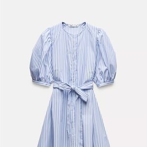 Zara Blue and White Puff Sleeve Dress